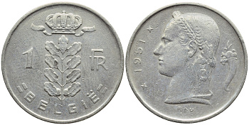 БЕЛЬГИЯ 1 ФРАНК 1951 BELGIE KM 143.1 медно-никель 4390-142