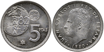 Испания 5 песет 1980 (82), Хуан Карлос, чемпионат мира по футболу Испания 82 KM 817 медно-никель 3459-154