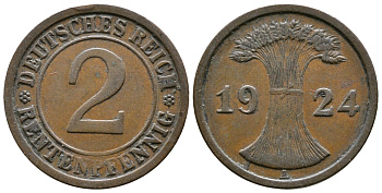 ГЕРМАНИЯ 2 РЕНТЕНПФЕННИГА 1924 A KM 31, J.307 бронза 86-937