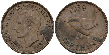 Великобритания 1 фартинг 1939 Георг VI (1936-1952) KM 843, Spink 4116 бронза 4143-625