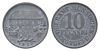 Мюнзинген 10 пфеннигов 1920 Funck 349.1, Men05 18073.1, Men18 22610.1 цинк 4636-843