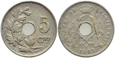 БЕЛЬГИЯ 5 САНТИМОВ 1923 BELGIQUE KM 66 медно-никель 26-551