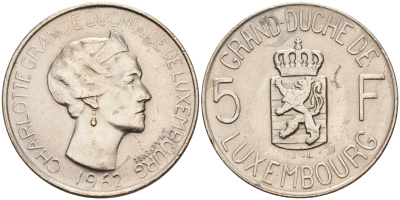 Люксембург 5 франков 1962 Великая герцогиня Шарлотта (1919-1964) KM 51 медно-никель    4142-436