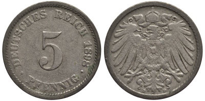 ГЕРМАНИЯ 5 ПФЕННИГОВ 1898 D KM 11, Jager 12, Weege 6 медно-никель 4547-357