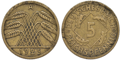 Германия 5 рейхспфеннигов 1925 A KM 39, J. 316, Weege 7 алюминиевая бронза 4602-1237