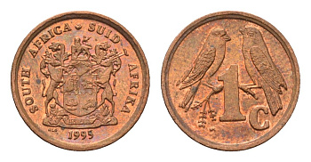 ЮАР 1 цент 1995 герб, капские воробьи KM 132 сталь плакированная медью UNC 4694-132