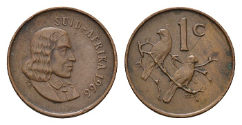 ЮАР 1 цент 1966 Ян ван Рибек (1619-1677), Suid Africa, легенда на африкаанс, капские воробьи KM 65.2 бронза 4690-1162