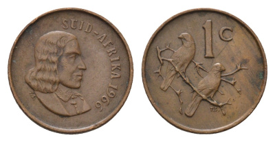 ЮАР 1 цент 1966 Ян ван Рибек (1619-1677), Suid Africa, легенда на африкаанс, капские воробьи KM 65.2 бронза 4690-1162