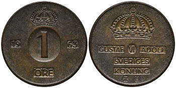 Швеция 1 эре 1963 U, Густав VI Адольф (1950-1973) KM 820 бронза 201-1153