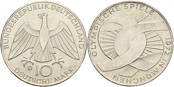ФРГ 10 марок 1972 D, XX летние Олимпийские игры 1972 года в Мюнхене, символика J. 402, KM 131 серебро UNC 11-183-31