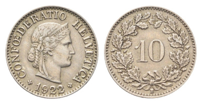 Швейцария 10 раппенов 1922 B KM 27 медно-никель 4708-137