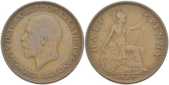Великобритания 1/2 пенни 1929 Георг V (1910-1936) KM 837, Spink 4058 бронза 4513-625