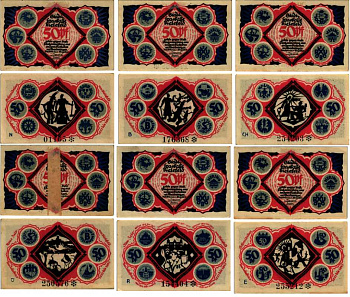 БИЛЕФЕЛЬД, ГЕРМАНИЯ НАБОР ИЗ 6 БАНКНОТ 1921 НОТГЕЛЬД, ЗЕМЛЯ СЕВЕРНЫЙ РЕЙН-ВЕСТФАЛИЯ, 6 Х 50 ПФНННИГОВ, 15 МАЯ 1921 ARNOLD KELLER 103.5 бумага 7487-55-1