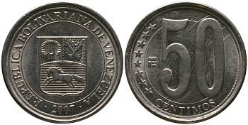 Венесуэла 50 сентимо 2007 KM 92, Schon 105 сталь плакированная никелем 4529-121