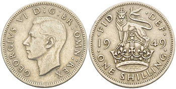 Великобритания 1 шиллинг 1949 Георг VI (1936-1952), Английский герб KM 876, Spink 4108 медно-никель 80-327