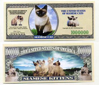 США 1000000 ДОЛЛАРОВ 2011 СУВЕНИРНАЯ БАНКНОТА, СИАМСКИЕ КОШКИ бумага UNC (ПРЕСС) 8588-16-4-2