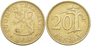 ФИНЛЯНДИЯ 20 ПЕННИ 1981 K KM 47 алюминиевая бронза 3718-655