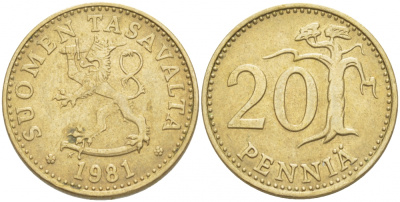 ФИНЛЯНДИЯ 20 ПЕННИ 1981 K KM 47 алюминиевая бронза 3718-655