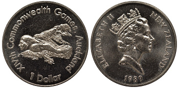 Новая Зеландия 1 доллар 1989 XIV Игры Содружества наций, плавание, Елизавета II (1952-2022) KM 69 медно-никель UNC 4537-211