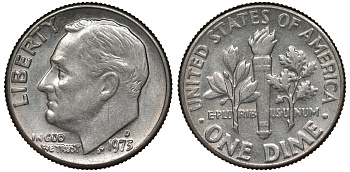 США 10 центов = дайм 1973 D, Рузвельт KM 195а медь плакированная медно-никелем 4124-445