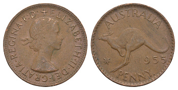 Австралия 1 пенни 1955 . , Елизавета II (1952-2022), кенгуру KM 56 бронза 82-845