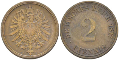 ГЕРМАНИЯ 2 ПФЕННИГА 1877 A, СТАРОГЕРБОВКА KM 2, J. 2, Weege 3 медь 212-717