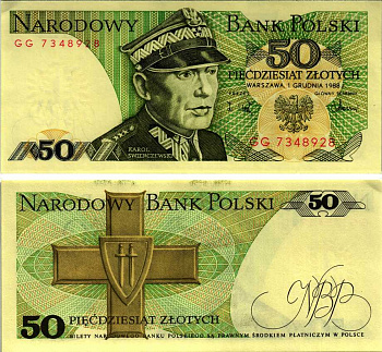 Польша 50 злотых 1988 Кароль Сверчевский, знак Грюнвальдского ордена Pick 142 c бумага аUNC 8607-74-1-1