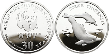 Швейцария медаль 1986 30 лет WWF, дельфин (sousa chinensis), диаметр 38,6 мм., вес 20 гр. серебро PROOF 1078-7-32