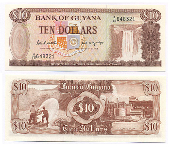 ГАЙАНА 10 ДОЛЛАРОВ 1989 ПОДПИСЬ 7, ВОДОПАД КАЙЕТУР Pick 23d бумага UNC (ПРЕСС) 8588-87-3-2