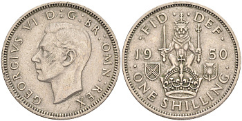 Великобритания 1 шиллинг 1950 Георг VI (1936-1952), Шотландский герб KM 877, Spink 4109 медно-никель 4556-615