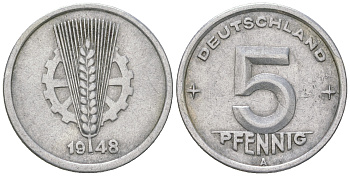 ГДР 5 пфеннигов 1948 A KM 2 алюминий 4164-529