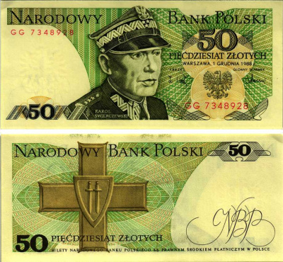 Польша 50 злотых 1988 Кароль Сверчевский, знак Грюнвальдского ордена Pick 142 c бумага аUNC 8607-74-1-1