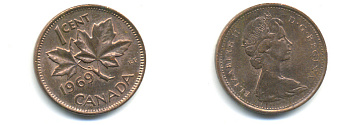 Канада 1 цент 1969 Елизавета II (1952-2022), кленовый лист KM 59.1 бронза 177-1335