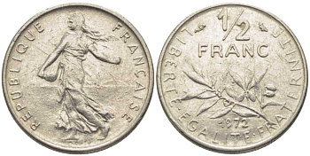 Франция 1/2 франка 1972 сеятель KM 931.1, LE FRANC 198.11 никель 175-944