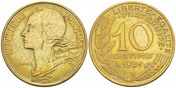 ФРАНЦИЯ 10 САНТИМОВ 1981 ТИП MARIANNE KM 929 медь алюминий никель 110-126