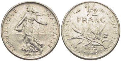 Франция 1/2 франка 1972 сеятель KM 931.1, LE FRANC 198.11 никель 175-944