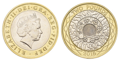 Великобритания 2 фунта 2015 Елизавета II (1952-2022) KM 994, Spink 4570 (K9) биметалл UNC 76-737