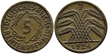 ГЕРМАНИЯ 5 РЕНТЕНПФЕННИГОВ 1924 J, KM 32, J. 308 алюминиевая бронза 4387-1164