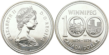 Канада 1 доллар 1974 100 лет городу Виннипег KM 88a серебро UNC 4368-734