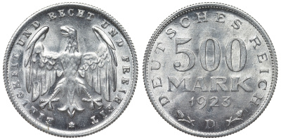 Германия 500 марок 1923 D KM 36, J. 305 алюминий 4123-221
