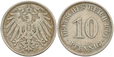 ГЕРМАНИЯ 10 ПФЕННИГОВ 1901 A KM 12, J. 13 медно-никель 4401-1233