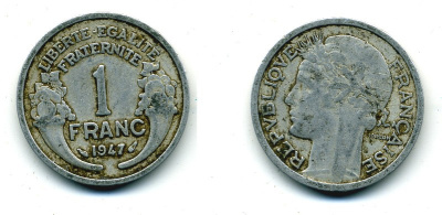 ФРАНЦИЯ 1 ФРАНК 1947 В KM 885а.2 алюминий 84-457