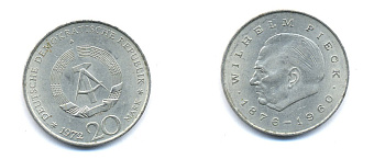 ГДР 20 марок 1972 А, Вильгельм Пик (1876-1960) KM 42 медно-никель 3333-336