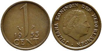 Нидерланды 1 цент 1953 Юлиана (1948-1980) КМ 180 бронза 4392-1354
