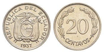 Эквадор 20 сентаво 1937 KM 77.1 никель UNC 4640-1168