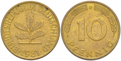 ФРГ 10 ПФЕННИГОВ 1981 D KM 108, J. 383 сталь плакированная латунью 4182-923