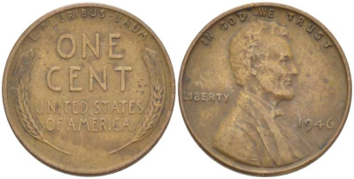 США 1 ЦЕНТ 1946 ЛИНКОЛЬН KM А132 медь цинк 218-223