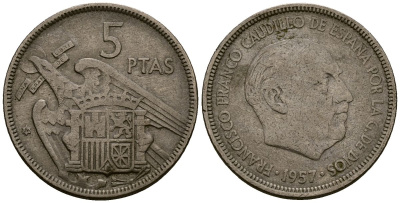 Испания 5 песет 1957 Франсиско Франко (1939-1975) KM 786 медно-никель 4176-444
