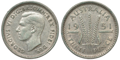 Австралия 3 пенса 1951 m, Георг VI (1937-1952), без букв KM 44 серебро 71-356