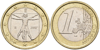 Италия 1 евро 2007 Витрувианский человек KM 216 биметалл 4148-646
